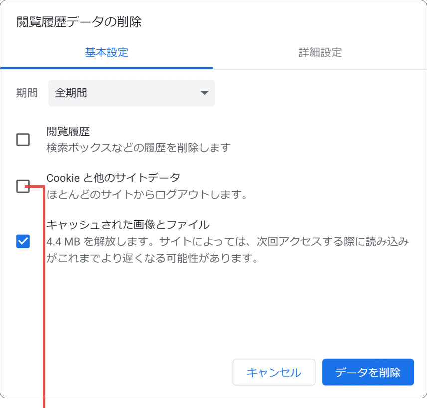 Chrome cookie 削除 Cookieと他のサイトデータ