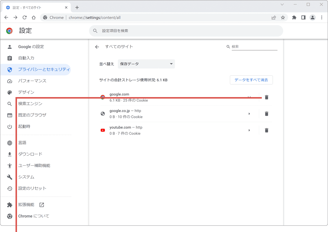 Chrome cookie すべてのサイト