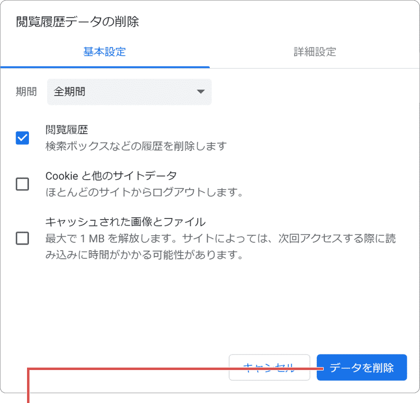 Chrome 履歴 削除 データを削除