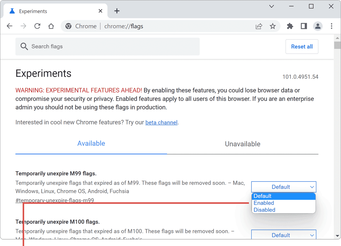 chrome flags Enabledを選択