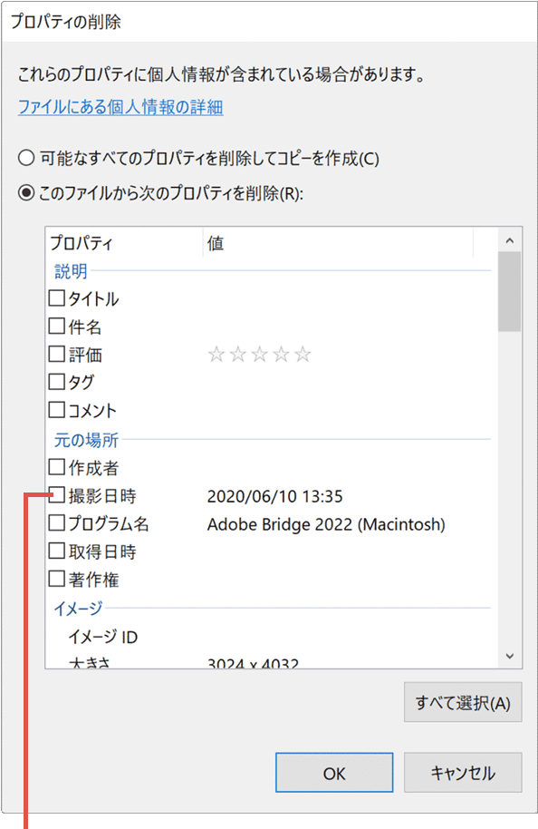 写真の撮影日時の削除 撮影日時にチェック