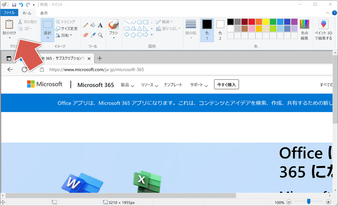 ペイントに貼り付けている様子